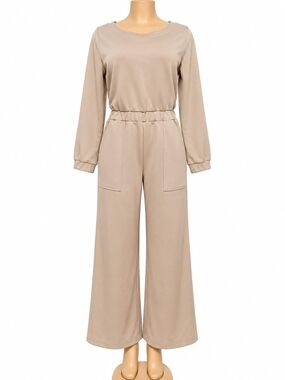 Elastic-Waist Wide-Leg Jumpsuit in Taupe